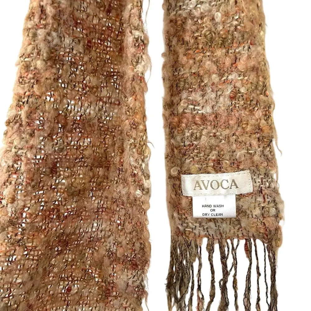 Avoca Ireland Boucle Knit Fringe Scarf Apricot Textured Irish Woven Neutral Wool